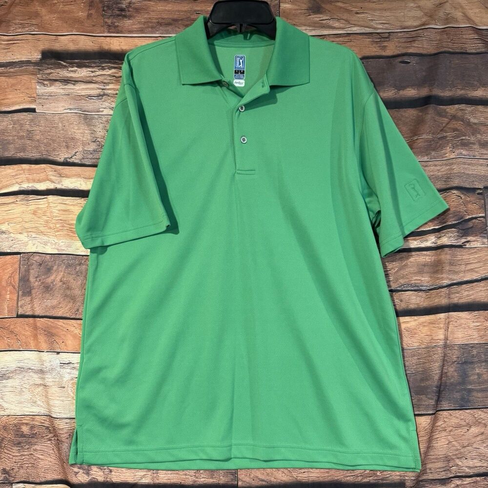 PGA Tour Polo Shirt Mens L Green Short Sleeve Golf Performance Polyester Solid